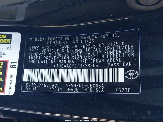Toyota CAMRY LE 2026 4T1DAACK8TU728904 Image 9