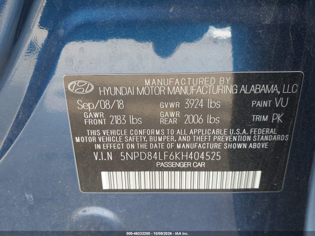 Продаж на аукціоні авто 2019 Hyundai Elantra Sel, vin: 5NPD84LF6KH404525, номер лоту: 46332200
