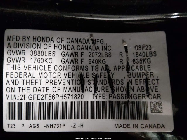 2023 Honda Civic Sport მანქანა იყიდება აუქციონზე, vin: 2HGFE2F56PH571820, აუქციონის ნომერი: 46332220