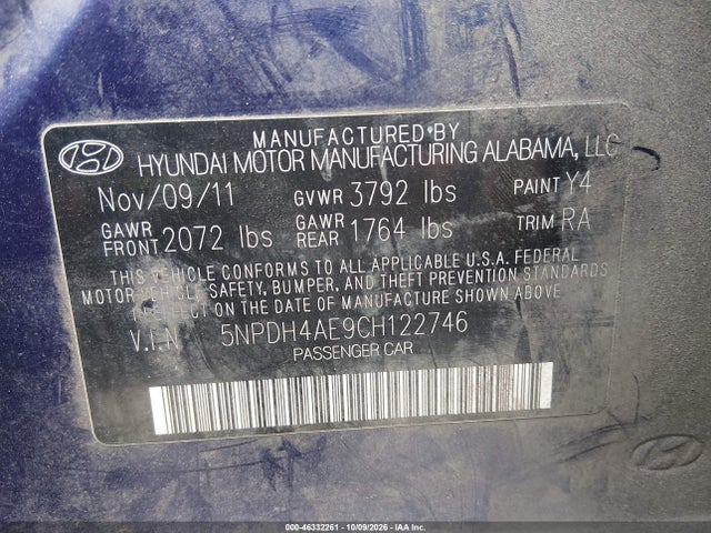Продаж на аукціоні авто 2012 Hyundai Elantra Gls, vin: 5NPDH4AE9CH122746, номер лоту: 46332261