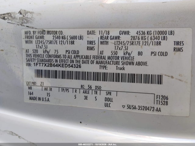 Продаж на аукціоні авто 2019 Ford F-250 Xl, vin: 1FT7X2B64KED54326, номер лоту: 46332271