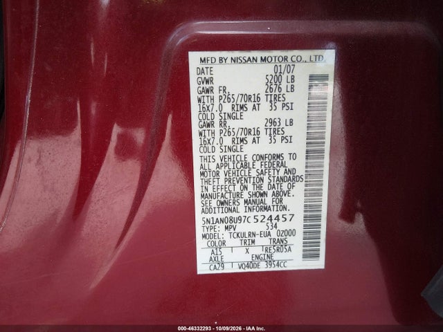 46332293 :رقم المزاد ، 5N1AN08U97C524457 vin ، 2007 Nissan Xterra S مزاد بيع