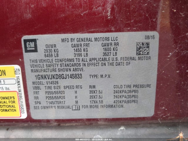 46332312 :رقم المزاد ، 1GNKVJKD8GJ145833 vin ، 2016 Chevrolet Traverse Ltz مزاد بيع