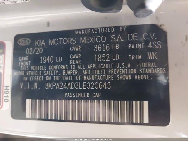 Продаж на аукціоні авто 2020 Kia Rio Lx, vin: 3KPA24AD3LE320643, номер лоту: 46332321