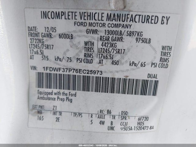 Продаж на аукціоні авто 2006 Ford F-350 Chassis Xl/xlt, vin: 1FDWF37P76EC25973, номер лоту: 46332343