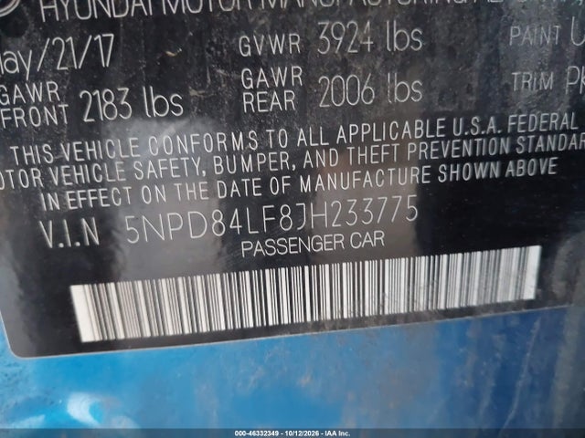 46332349 :رقم المزاد ، 5NPD84LF8JH233775 vin ، 2018 Hyundai Elantra Sel مزاد بيع