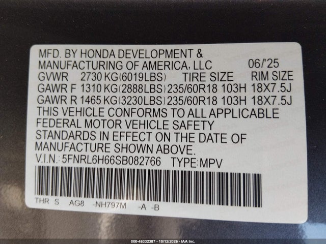 Honda Odyssey Ex-l 2025 5FNRL6H66SB082766 Image 9