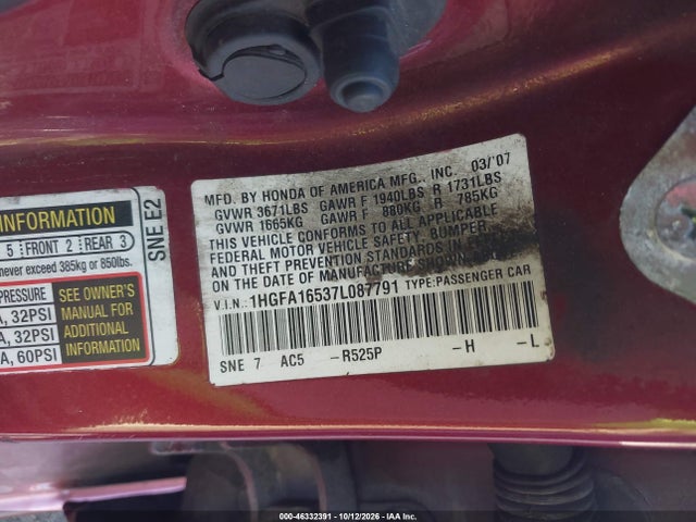 Aukcja sprzedaży 2007 Honda Civic Lx, vin: 1HGFA16537L087791, numer aukcji: 46332391