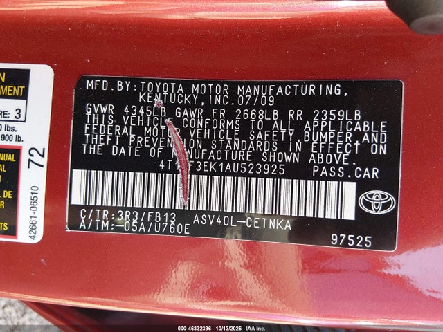 46332396 :رقم المزاد ، 4T1BF3EK1AU523925 vin ، 2010 Toyota Camry Le مزاد بيع