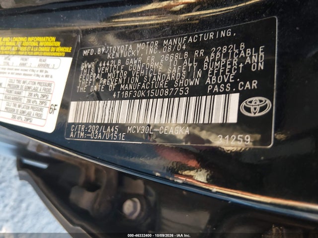 2005 Toyota Camry Xle V6 მანქანა იყიდება აუქციონზე, vin: 4T1BF30K15U087753, აუქციონის ნომერი: 46332400