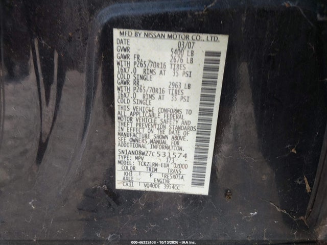 Aukcja sprzedaży 2007 Nissan Xterra S, vin: 5N1AN08W27C531574, numer aukcji: 46332408