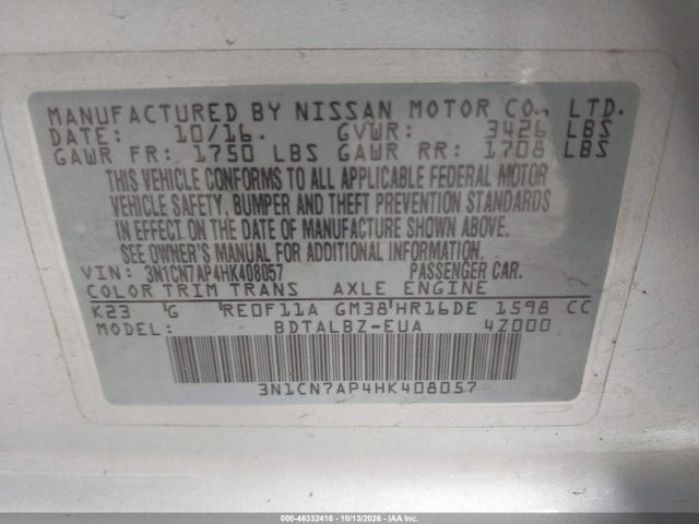 Aukcja sprzedaży 2017 Nissan Versa 1.6 Sv, vin: 3N1CN7AP4HK408057, numer aukcji: 46332416