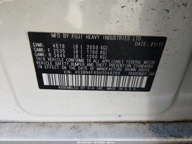 Продаж на аукціоні авто 2017 Subaru Legacy 2.5i Premium, vin: 4S3BNAF65H3048289, номер лоту: 46332420