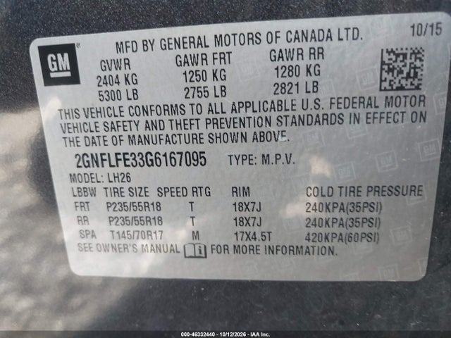 46332440 :رقم المزاد ، 2GNFLFE33G6167095 vin ، 2016 Chevrolet Equinox Lt مزاد بيع