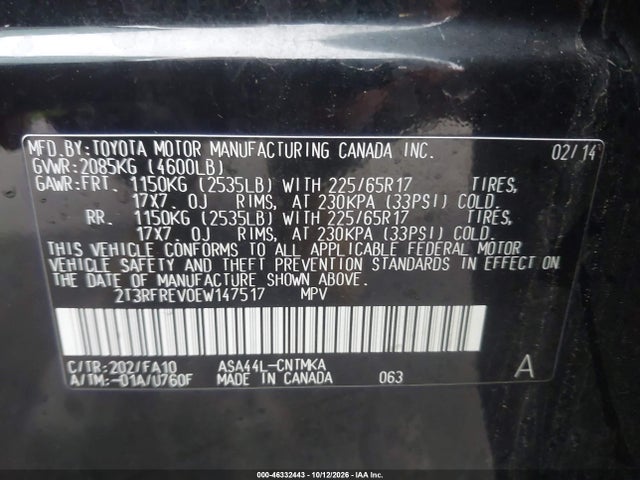 46332443 :رقم المزاد ، 2T3RFREV0EW147517 vin ، 2014 Toyota Rav4 Xle مزاد بيع