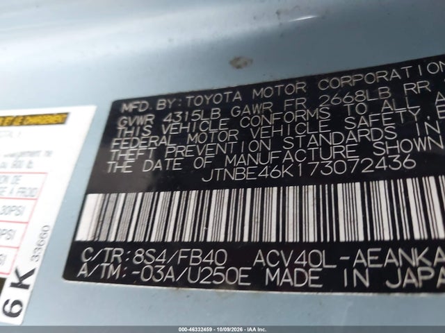 Продажа на аукционе авто 2007 Toyota Camry Le, vin: JTNBE46K173072436, номер лота: 46332459