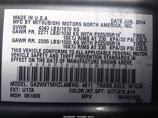 46332487 :رقم المزاد ، 4A4AR3AU6EE031513 vin ، 2014 Mitsubishi Outlander Sport Es مزاد بيع