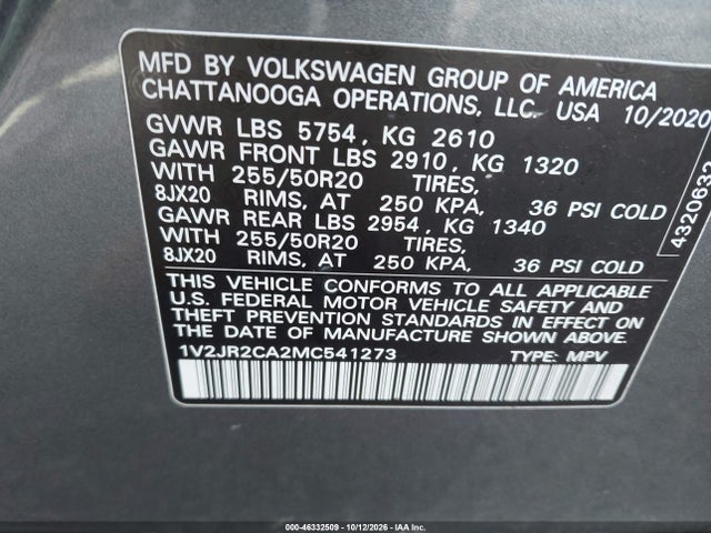 46332509 :رقم المزاد ، 1V2JR2CA2MC541273 vin ، 2021 Volkswagen Atlas 3.6l V6 Se W/technology مزاد بيع