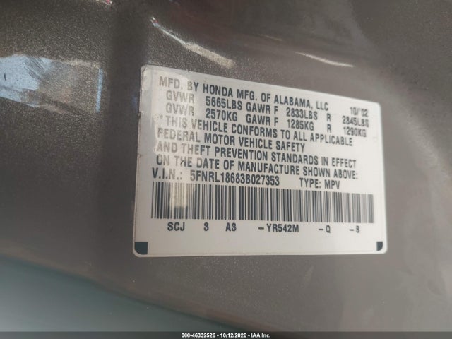 46332526 :رقم المزاد ، 5FNRL18683B027353 vin ، 2003 Honda Odyssey Ex مزاد بيع