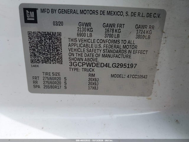 46332532 :رقم المزاد ، 3GCPWDED4LG295197 vin ، 2020 Chevrolet Silverado 1500 2wd  Short Bed Rst مزاد بيع