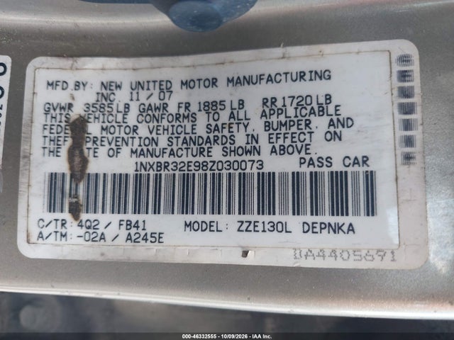 46332555 :رقم المزاد ، 1NXBR32E98Z030073 vin ، 2008 Toyota Corolla Le مزاد بيع