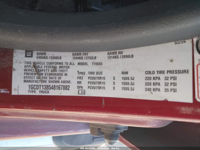 2004 Chevrolet Colorado Ls მანქანა იყიდება აუქციონზე, vin: 1GCDT138548167882, აუქციონის ნომერი: 46332569