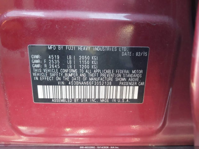 Продаж на аукціоні авто 2015 Subaru Legacy 2.5i Limited, vin: 4S3BNAN66F3052138, номер лоту: 46332592