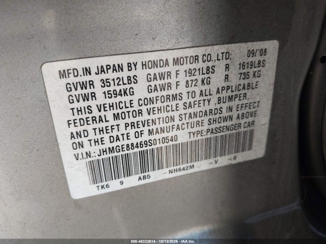 46332614 :رقم المزاد ، JHMGE88469S010540 vin ، 2009 Honda Fit Sport مزاد بيع