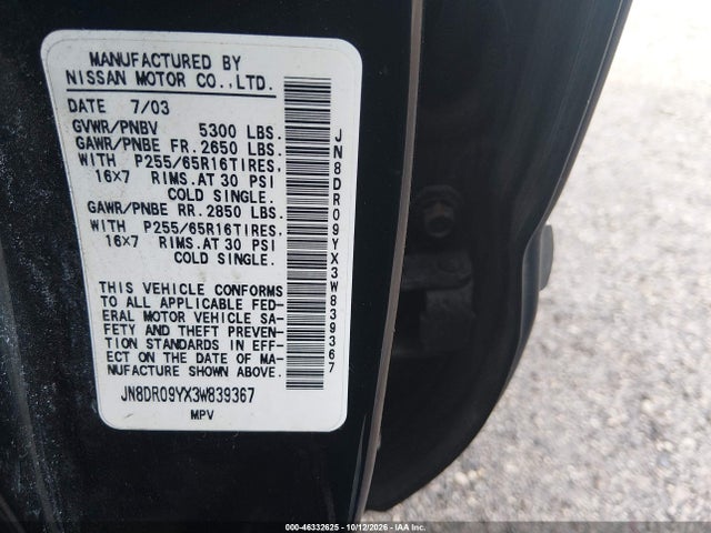 Продажа на аукционе авто 2003 Nissan Pathfinder Se, vin: JN8DR09YX3W839367, номер лота: 46332625