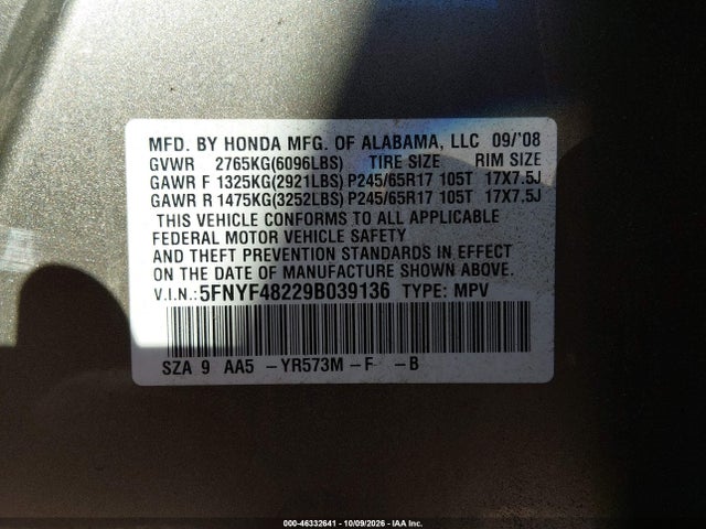 Aukcja sprzedaży 2009 Honda Pilot Lx, vin: 5FNYF48229B039136, numer aukcji: 46332641