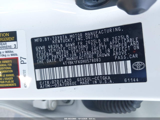 2017 Toyota Camry Xle V6 მანქანა იყიდება აუქციონზე, vin: 4T1BK1FK0HU578083, აუქციონის ნომერი: 46332665