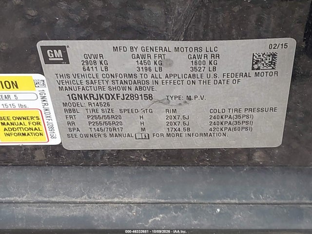 46332681 :رقم المزاد ، 1GNKRJKDXFJ289158 vin ، 2015 Chevrolet Traverse Ltz مزاد بيع