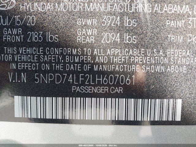 46332690 :رقم المزاد ، 5NPD74LF2LH607061 vin ، 2020 Hyundai Elantra Se مزاد بيع