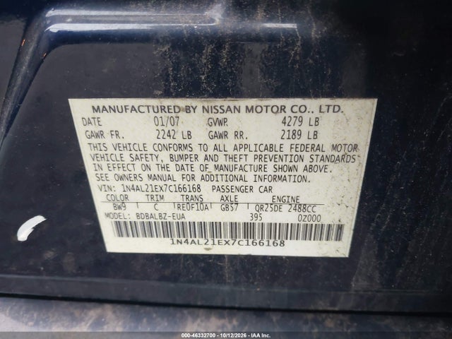 46332700 :رقم المزاد ، 1N4AL21EX7C166168 vin ، 2007 Nissan Altima 2.5 S مزاد بيع