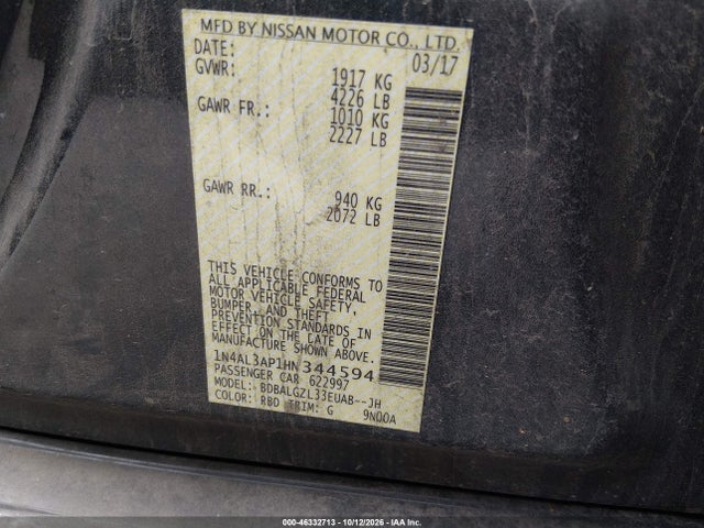 Aukcja sprzedaży 2017 Nissan Altima 2.5 S, vin: 1N4AL3AP1HN344594, numer aukcji: 46332713