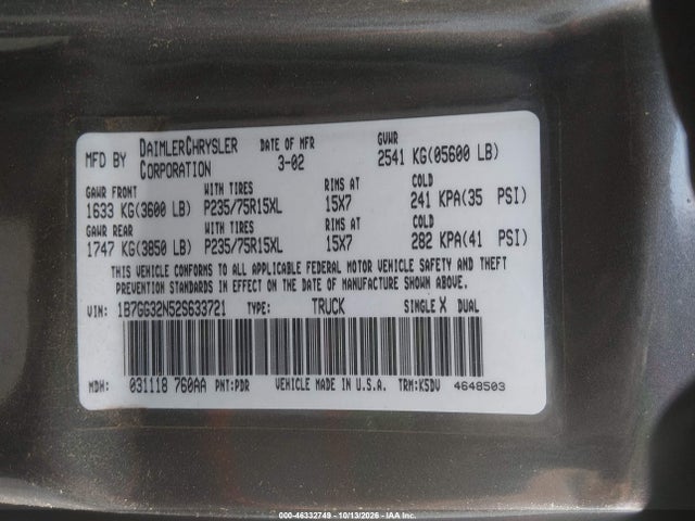 Продаж на аукціоні авто 2002 Dodge Dakota Sport, vin: 1B7GG32N52S633721, номер лоту: 46332749