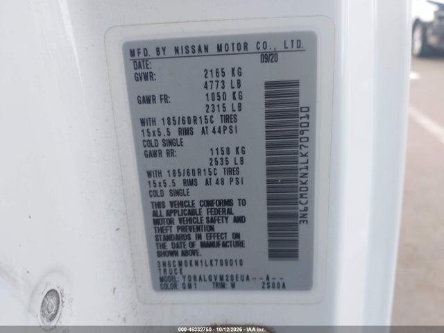 3N6CM0KN1LK709010 Nissan Nv200 Cargo Sv Xtronic Cvt