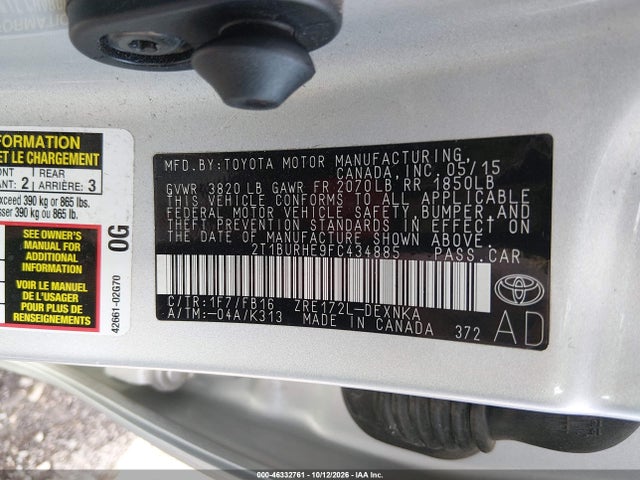 46332761 :رقم المزاد ، 2T1BURHE9FC434885 vin ، 2015 Toyota Corolla Le مزاد بيع