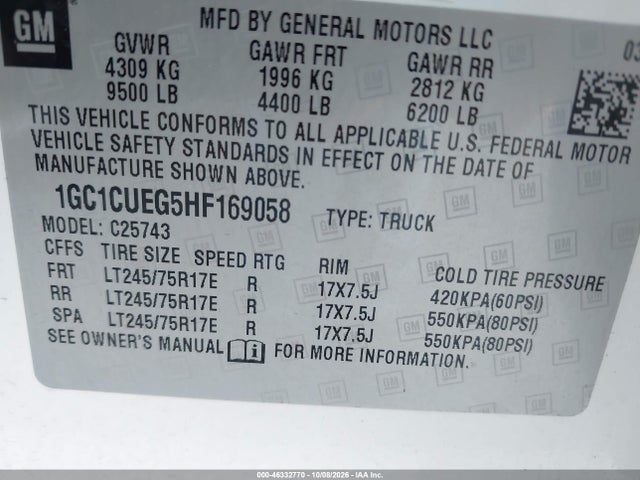 46332770 :رقم المزاد ، 1GC1CUEG5HF169058 vin ، 2017 Chevrolet Silverado 2500hd Wt مزاد بيع