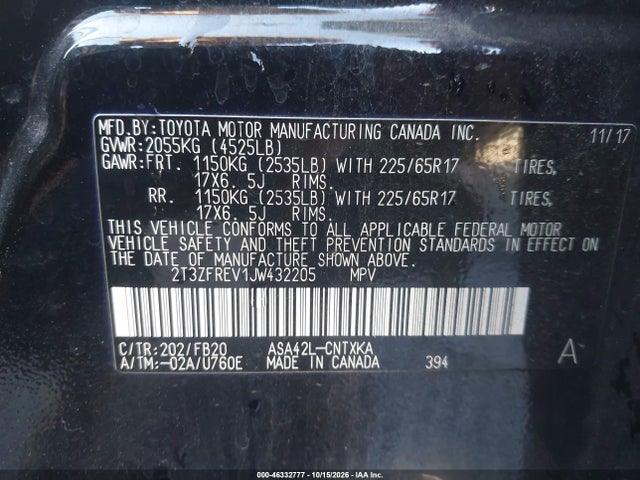 2T3ZFREV1JW432205 Toyota RAV4 LE