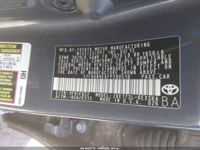 5YFBURHE6FP280510 Toyota Corolla S Plus