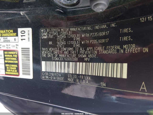 46332786 :رقم المزاد ، 5TDKK3DC1GS692088 vin ، 2016 Toyota Sienna Le 8 Passenger مزاد بيع