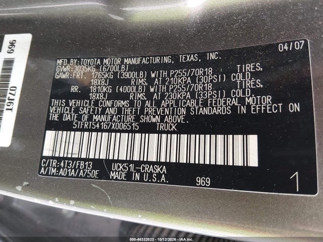Aukcja sprzedaży 2007 Toyota Tundra Sr5 4.7l V8, vin: 5TFRT54167X006515, numer aukcji: 46332823