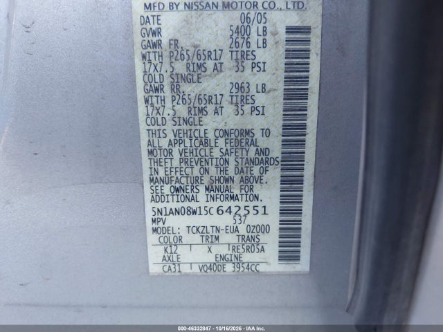 Aukcja sprzedaży 2005 Nissan Xterra Se, vin: 5N1AN08W15C642551, numer aukcji: 46332847