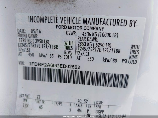 46332861 :رقم المزاد ، 1FDBF2A60GED02502 vin ، 2016 Ford F-250 Xl مزاد بيع