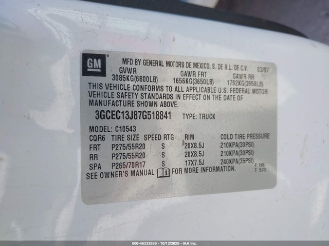 46332869 :رقم المزاد ، 3GCEC13J87G518841 vin ، 2007 Chevrolet Silverado 1500 Lt1 مزاد بيع