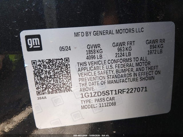 46332889 :رقم المزاد ، 1G1ZD5ST1RF227071 vin ، 2024 Chevrolet Malibu Fwd 1lt مزاد بيع