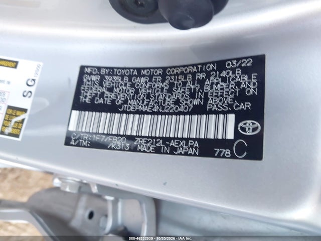 46332939 :رقم المزاد ، JTDEPMAE4NJ220407 vin ، 2022 Toyota Corolla Le مزاد بيع