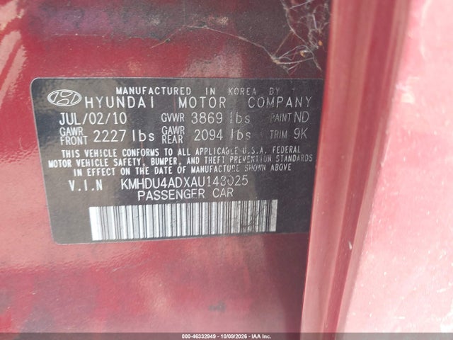 Aukcja sprzedaży 2010 Hyundai Elantra Gls, vin: KMHDU4ADXAU143025, numer aukcji: 46332949