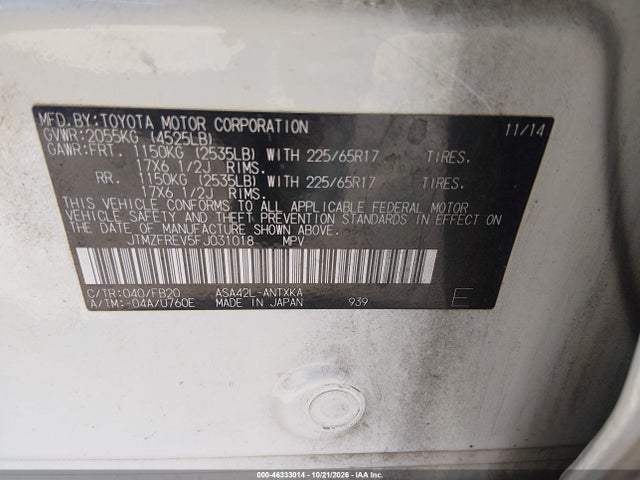 46333014 :رقم المزاد ، JTMZFREV5FJ031018 vin ، 2015 Toyota Rav4 Le مزاد بيع